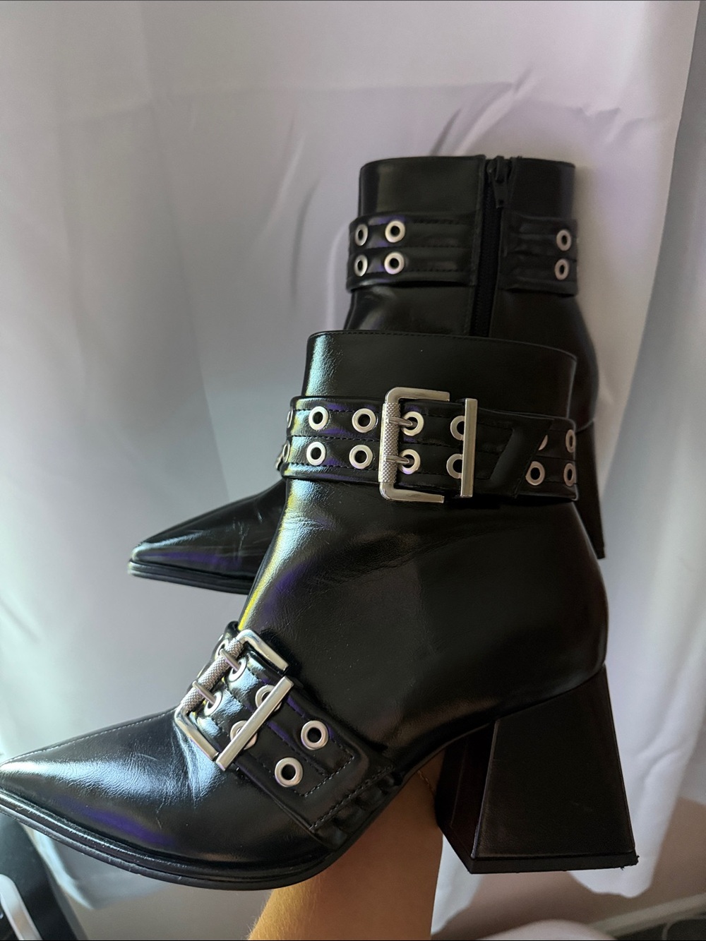 DSW Black Pointed-Toe Buckle Strap Block Heel Ankle Boots